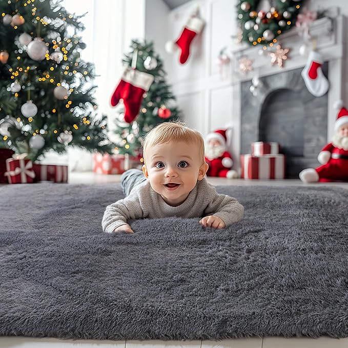 KICHOWUA 3x5 Grey Fluffy Shag Rug - Image 2