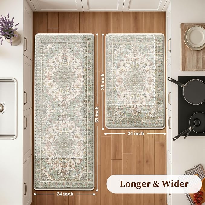 Boho Kitchen Mats for Floor 2 Piece Set Anti Fatigue Cushioned PVC Kitchen Rugs - Image 2