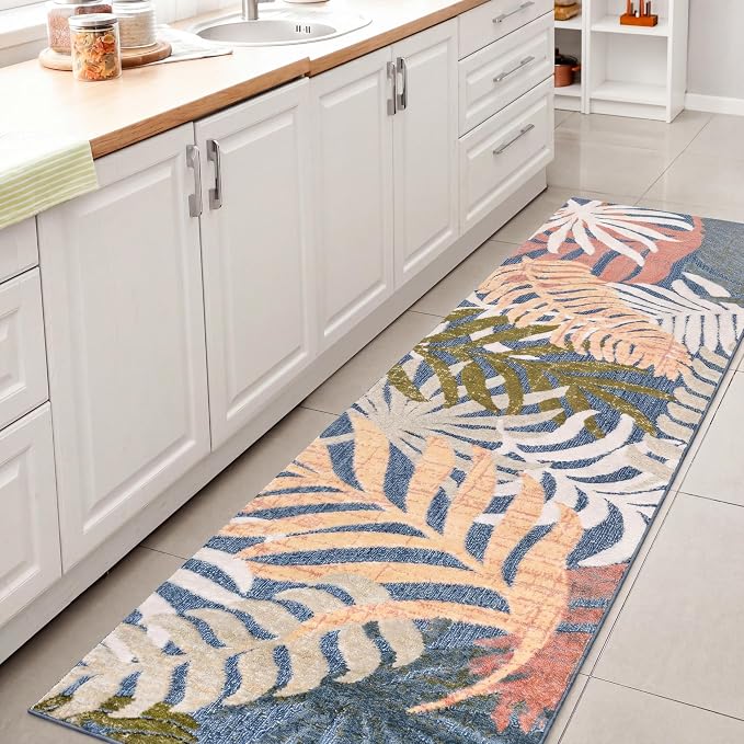 JONATHAN Y Tropics Palm Leaves Indoor Outdoor Runner Rug 2X8 Dark Blue/Multi by JONATHANY