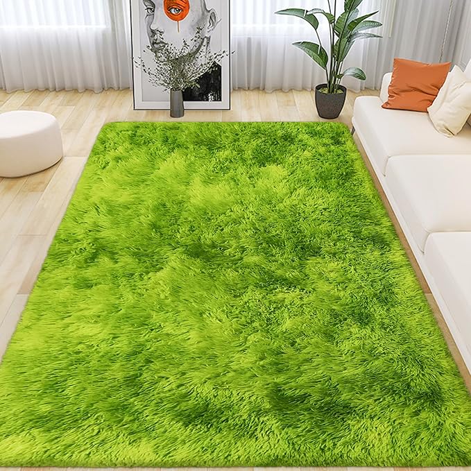 Tie Dyed Grass Green Rug 4x6 ft, Soft Plush Furry Shag Area Rugs Fluffy Fuzzy by TENNOLA
