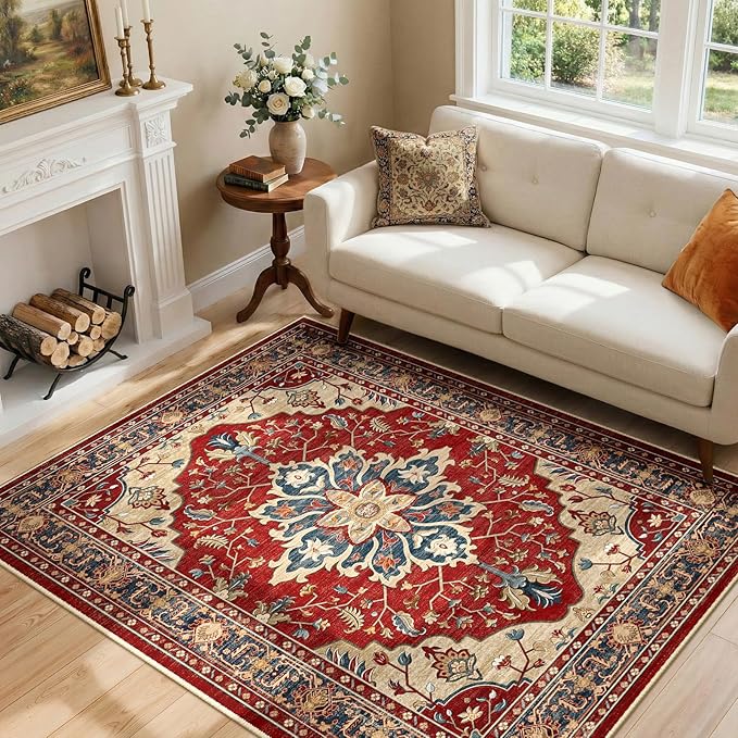 RELEANY Area Rugs 4'x6' Washable Non-Slip, Floral Vintage Distress Medallion by RELEANY