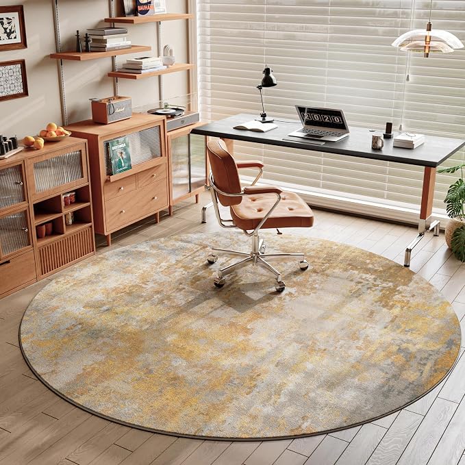 Beige Gold Round Rugs 6ft Washable Circle Area Rug - Image 3