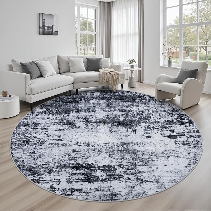 Round Area Rug for Living Room: 6 ft Washable Modern Abstract Soft Thin Rug by FXRHLP
