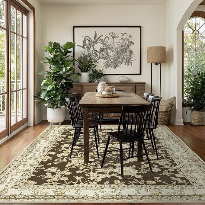 Brown Floral Print Area Rugs for Bedroom Living Room Boho Farmhouse Country - Image 2