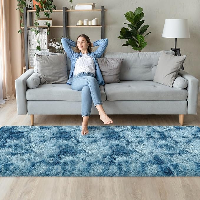 2x8 ft Plush High Pile Blue Tie-Dyed Rug Fluffy Soft Runner Bedside Rug - Image 8