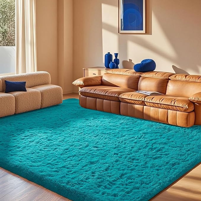 Ophanie Teal Rugs for Bedroom Living Room, Fluffy Fuzzy Furry Carpet, Plush - Image 3