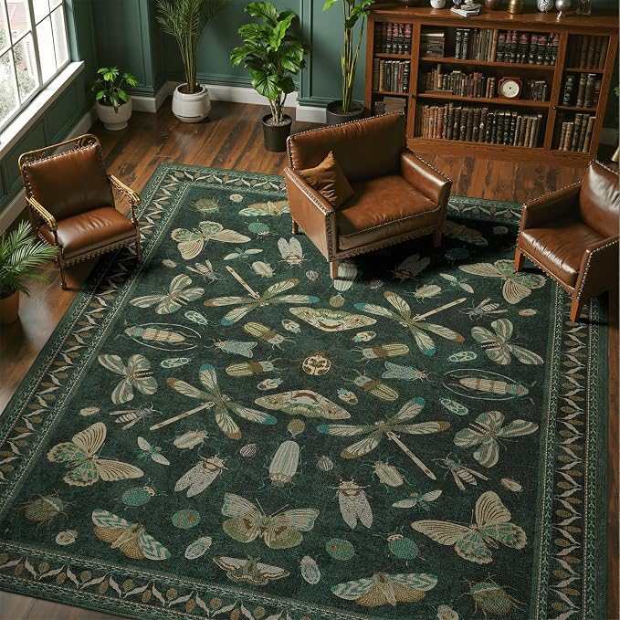 DCX 6x9 Washable Insect Rug, Vintage Gothic Dark Green Rug - Image 3