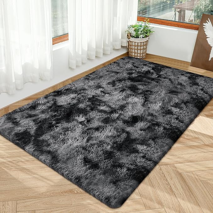 4x6 Dark Grey and Black Fluffy Rug - Image 8