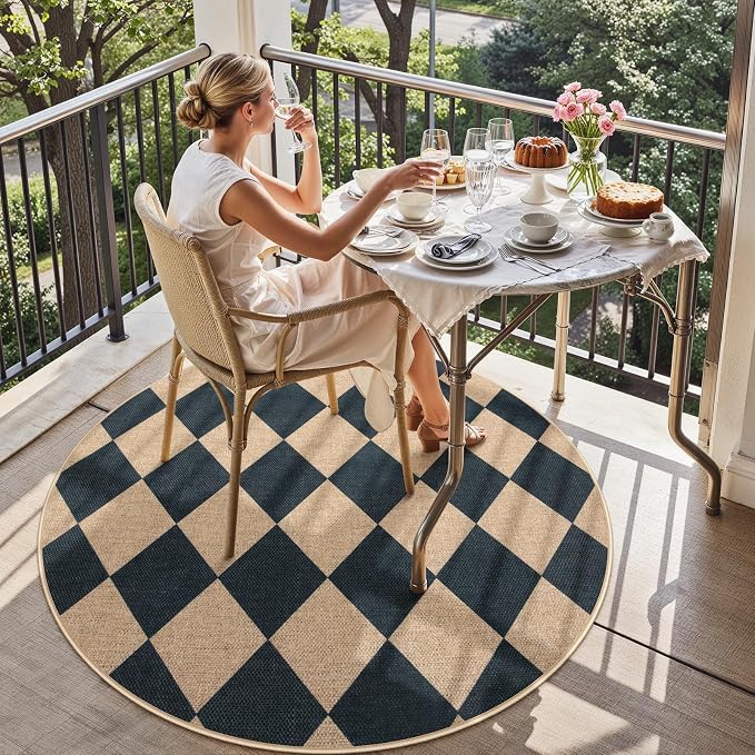 Lahome Colette Checkered Round Entryway Rug 4ft, Circle Indoor Outdoor Patio - Image 8