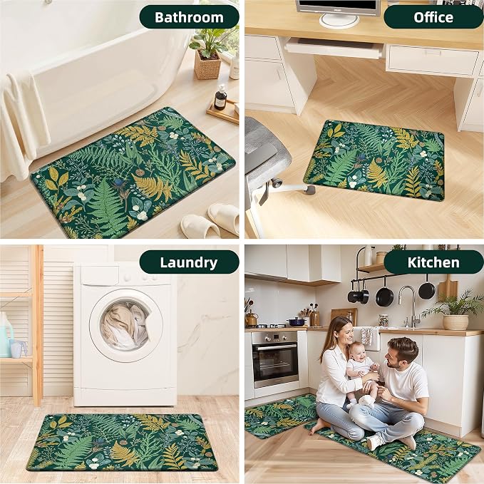 Dark Green Botanical Kitchen Rugs Set of 2 Plant Leaf Anti-Fatigue Kitchen Mat - Image 7