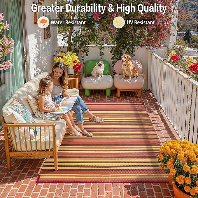Outdoor Plastic Straw Rug Waterproof Patio 9x12 Red Orange Stripe Mat - Image 5