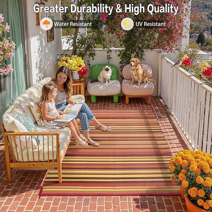 Outdoor Plastic Straw Rug Waterproof Patio 4x6 Red Orange Stripe Mat - Image 5