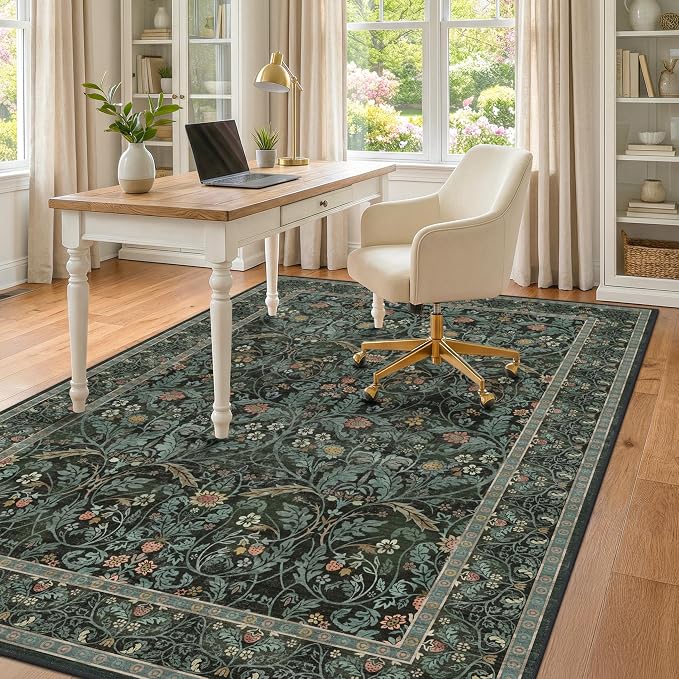 Dark Green 5x8 Dining Room Rug, Floral Washable Soft Non Slip Area Rugs - Image 9