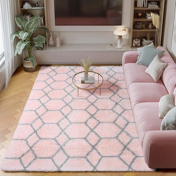 ONASAR 5x7 Area Rugs for Living Room Bedroom, Fluffy Pink and Grey Throw Rug by ONASAR