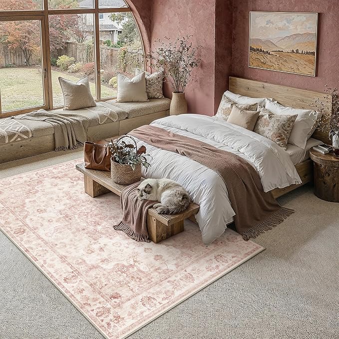 8x10 Washable Neutral Area Rug Pink Vintage Living Room Bedroom Carpet Non-Slip - Image 2
