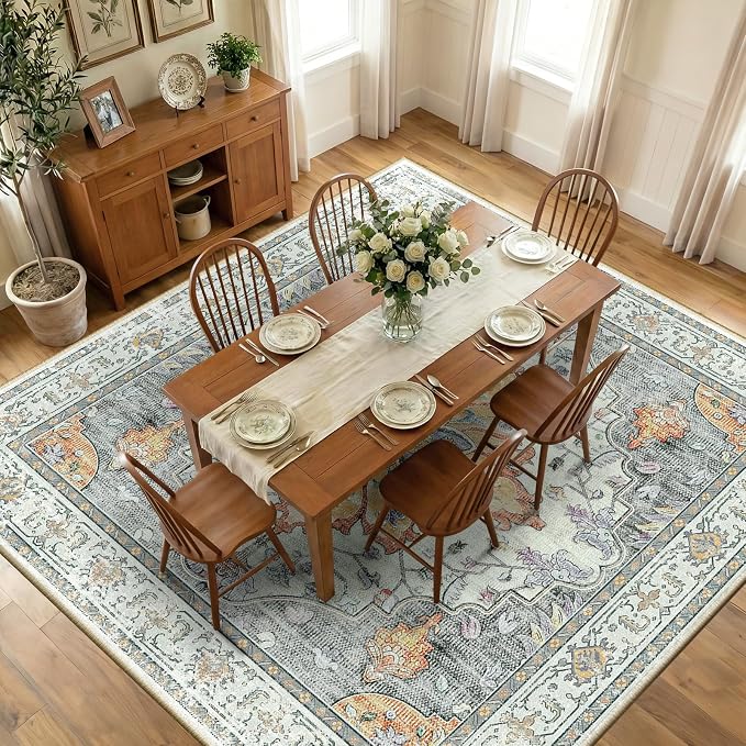 RELEANY Area Rugs Square 10ft Washable Non-Slip, Floral Vintage Distress by RELEANY