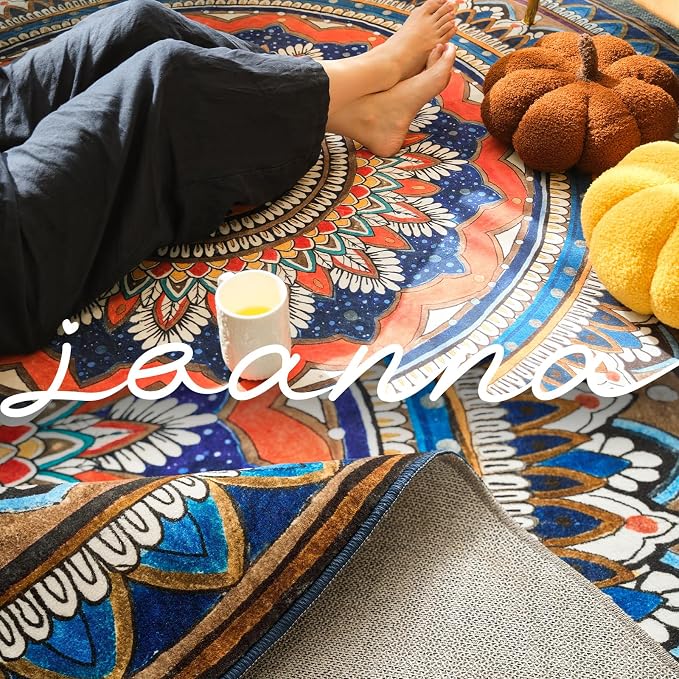 jinchan Mandala Round Rug 8ft Blue Rustic Boho Washable Rug Tribal 8' Round - Image 5
