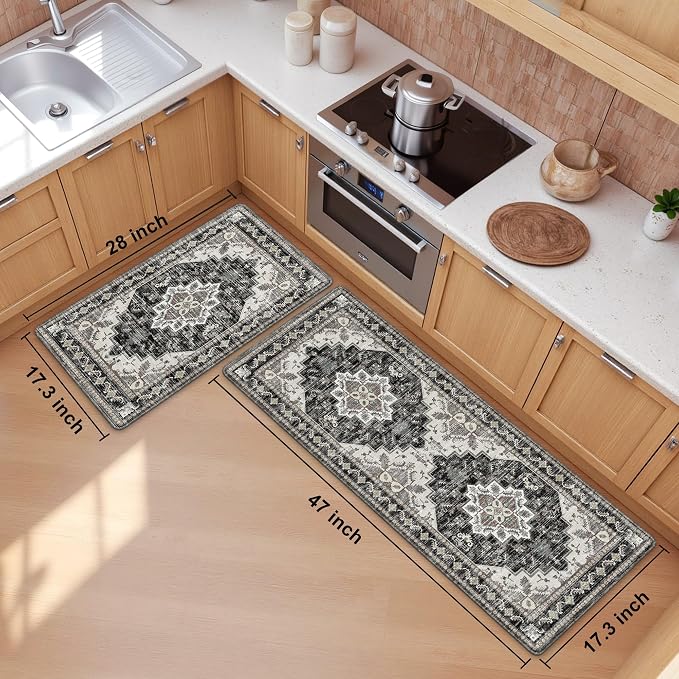 Boho Kitchen Mats for Floor 2 Piece Set Anti Fatigue Cushioned PVC Kitchen Rugs - Image 2