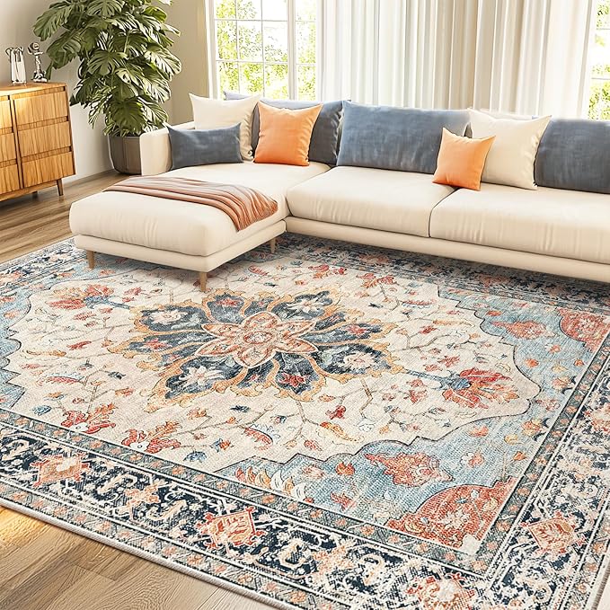 RELEANY Area Rugs 7'x10' Washable Non-Slip, Floral Vintage Distress Medallion by RELEANY