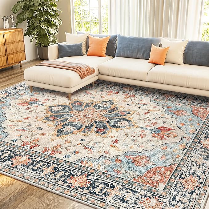 RELEANY Area Rugs 8'x10' Washable Non-Slip, Floral Vintage Distress Medallion by RELEANY