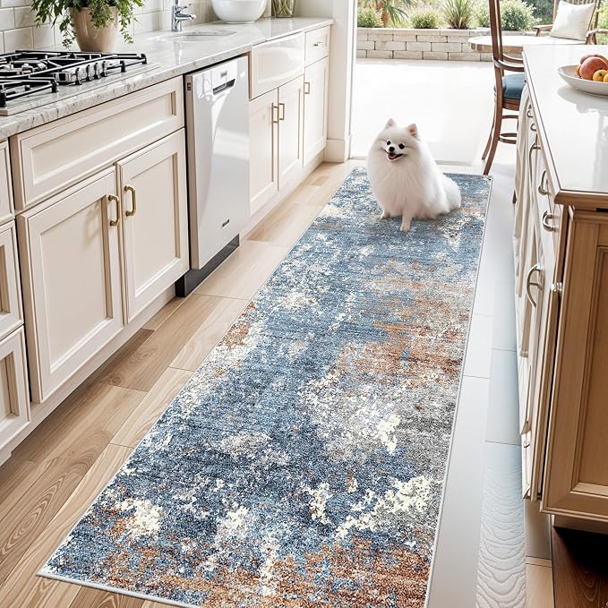 3x8 Washable Hallway Runner – Non-Slip Abstract Modern Neutral Wide Carpet by BYYVOORugsforYourHome