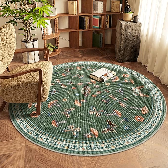 Mushroom Insect 3ft Round Rug Washable Non-Slip Soft Ultra-Thin Small Boho by ROYHOME