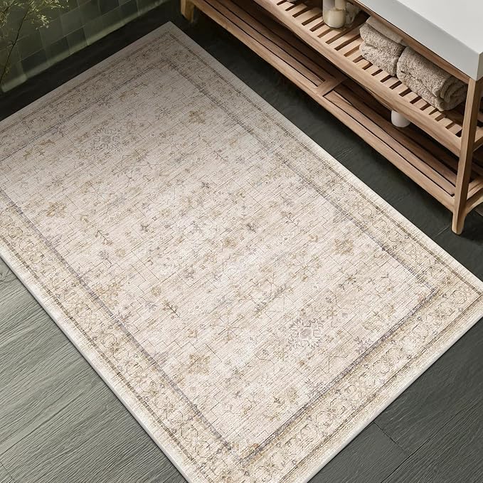 Farmhouse Bathroom Rug 2x3 Beige, Machine Washable Small Non Slip Indoor by HazoHaus