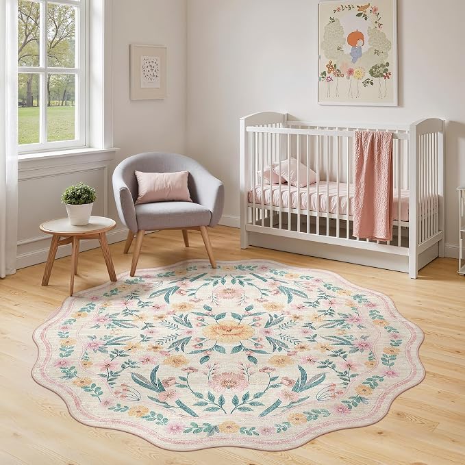 Round Floral Rug 6ft, Washable Non Slip Rug Fof Living Room - Image 2