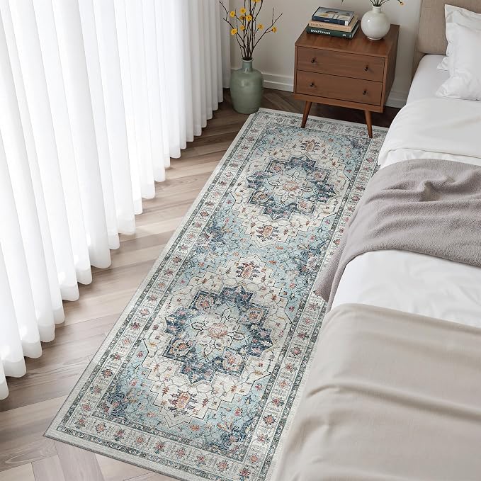 Madane Blue Runner Rug, Stain Resistant, Machine-Made, Microfiber, Living Room by Madane