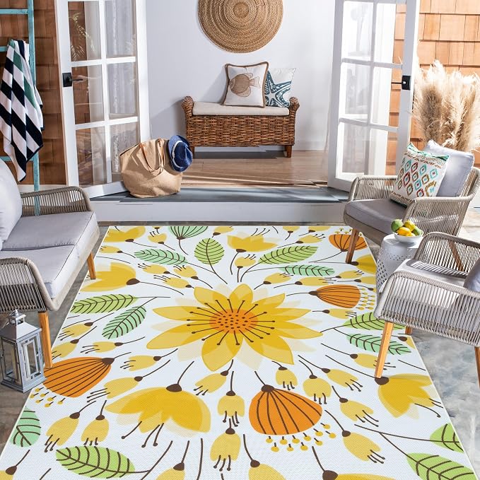 Lahome Floral Indoor Outdoor Rug, 6x9ft Non Slip Outdoor Patio Rug by Lahome