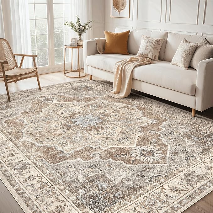 8x10 Washable Area Rug: Vintage Neutral Soft Non Slip Thin Large Floor Carpet by MICGEEK