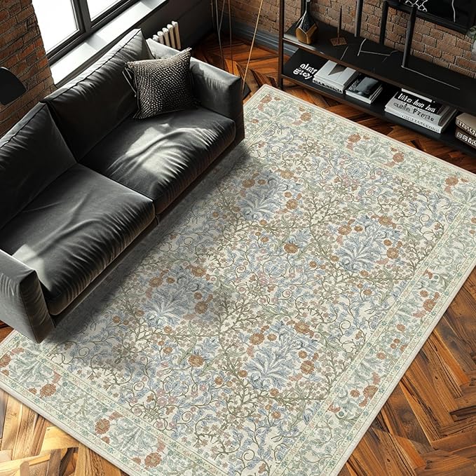 Vintage Beige Blue Living Room Rug, 6x9 Washable Area Rugs - Image 2