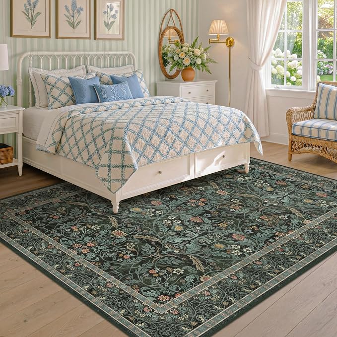 Dark Green 5x8 Dining Room Rug, Floral Washable Soft Non Slip Area Rugs - Image 6