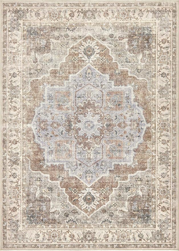 5x7 Washable Area Rug: Vintage Neutral Soft Non Slip Thin Large Floor Carpet - Image 8