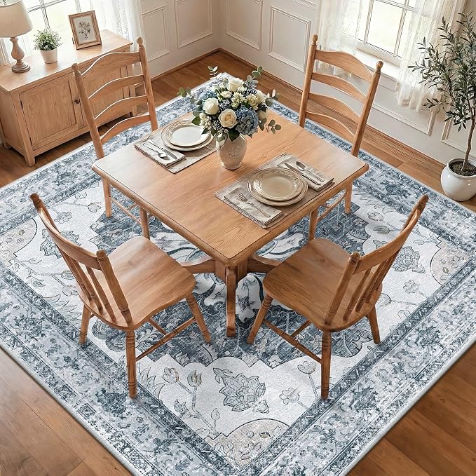 RELEANY Area Rugs Square 7ft Washable Non-Slip, Floral Vintage Distress by RELEANY
