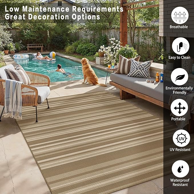 6x9 Easy Jute Stripe Area Rug Washable Beige Brown Indoor Outdoor Rug Non Slip - Image 4