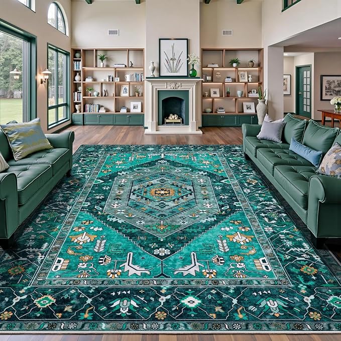SERISSA Washable Rugs 9x12 Area Rugs, Large Non-Slip Boho Living Room Teal Rug - Image 5