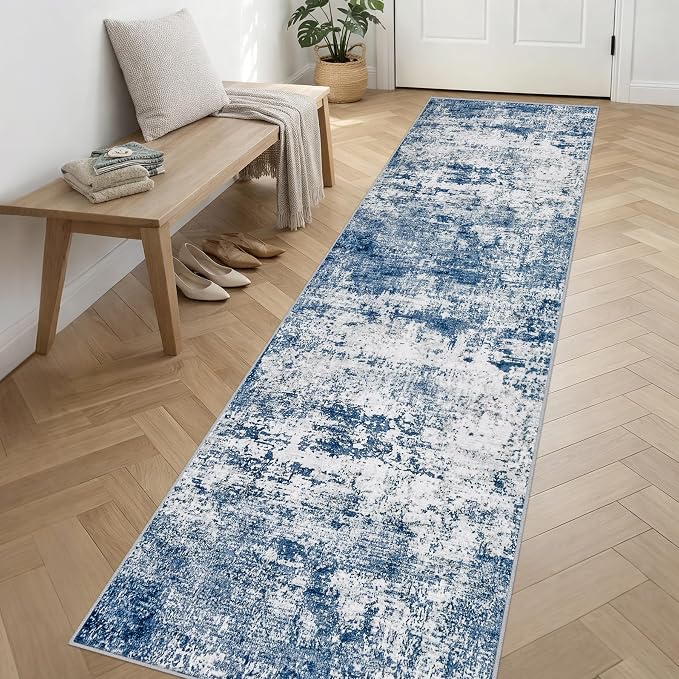 2.6'x14' Runner Rug Washable Rug: Modern Abstract Soft Thin Runner Rug Blue - Image 3