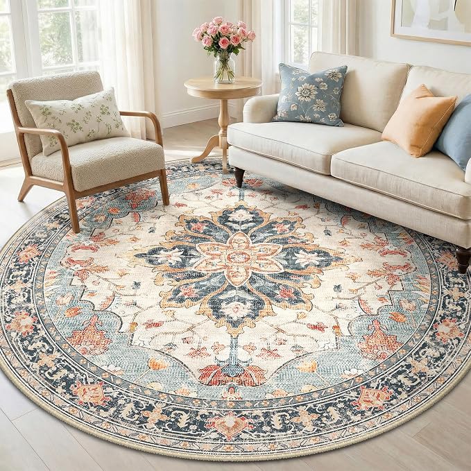 RELEANY Area Rugs Round 6ft Washable Non-Slip, Floral Vintage Distress by RELEANY