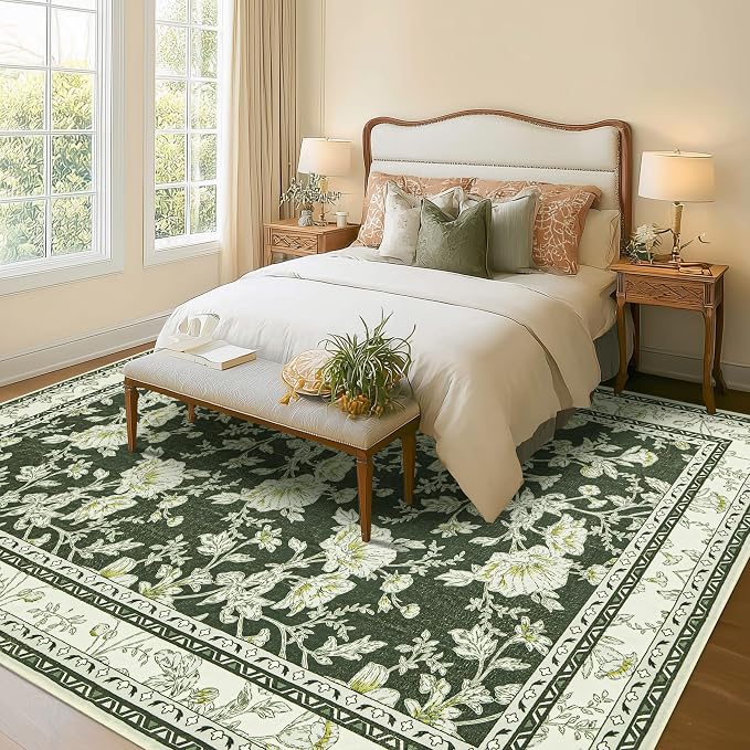 Olive Green Floral Print Area Rugs - Image 7