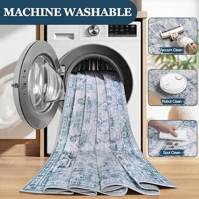 5x7 Area Rugs for Living Room:Blue Washable Vintage Medallion Boho Rug Non-Slip - Image 7