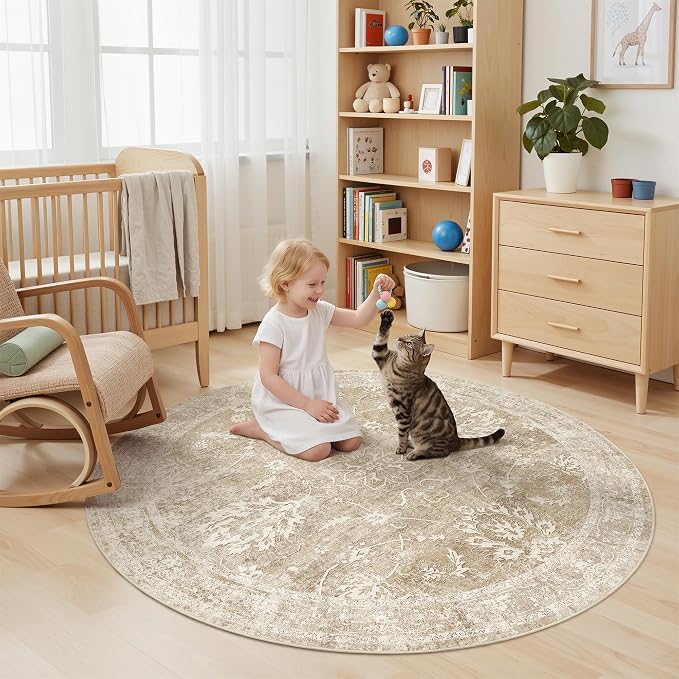 Madane Washable Round Rug 6ft for Living Room, Soft Ultra-Thin Non-Slip Vintage - Image 3
