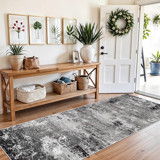 3x8 Washable Hallway Runner Non-Slip Abstract Modern Neutral Wide Carpet Runner - Image 3