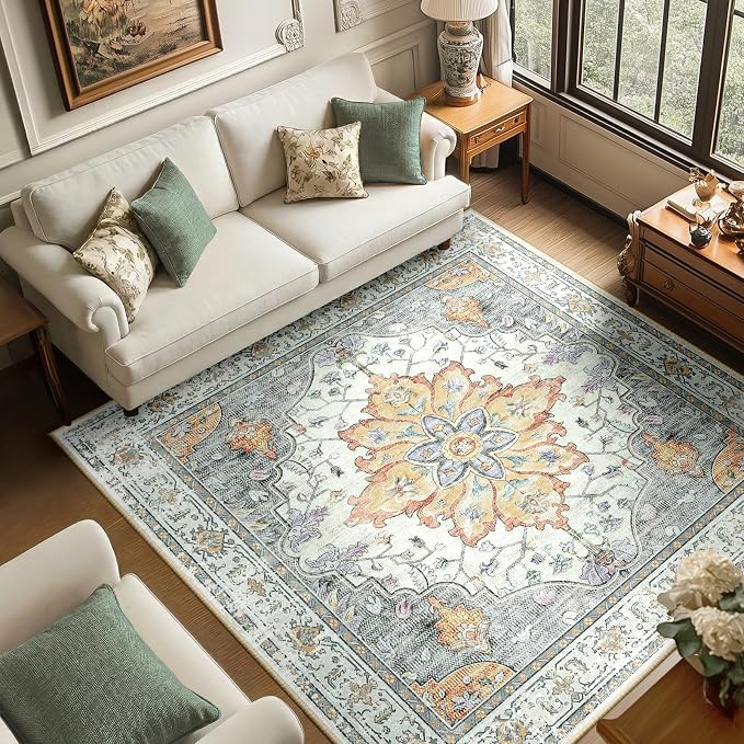 RELEANY Area Rugs Square 6ft Washable Non-Slip, Floral Vintage Distress by RELEANY