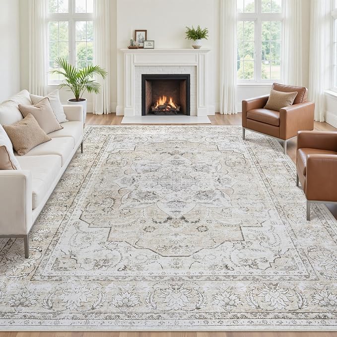 8x10 Area Rugs for Living Room:Beige Washable Vintage Medallion Carpet Non-Slip - Image 3