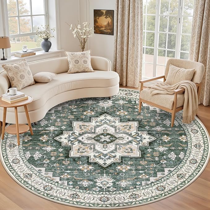 Round Area Rug for Living Room: 6ft Washable Vintage Boho Soft Thin Circle Rug by EXPEDIX