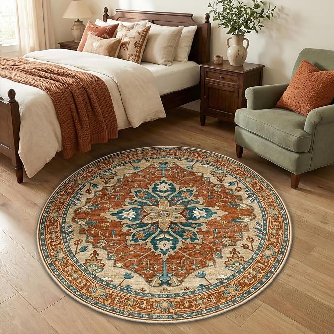 RELEANY Area Rugs Round 4ft Washable Non-Slip, Floral Vintage Distress by RELEANY