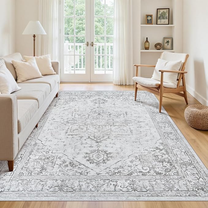 5x7 Area Rugs for Bedroom:Gray Washable Vintage Medallion Rug Non-Slip Soft Low - Image 3