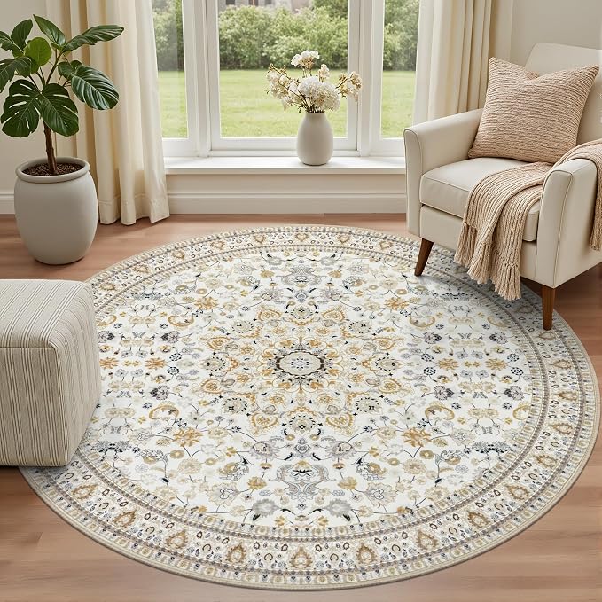 Round Area Rug for Living Room: 6ft Washable Vintage Boho Soft Thin Circle Rug - Image 2