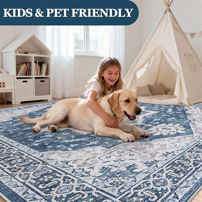 5x7 Area Rugs for Living Room:Blue Washable Vintage Medallion Boho Rug Non-Slip - Image 4